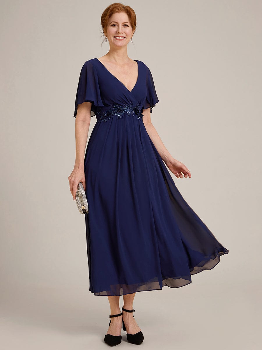 V-Neck Chiffon Wedding Guest Dress with Waist Applique #color_Navy Blue