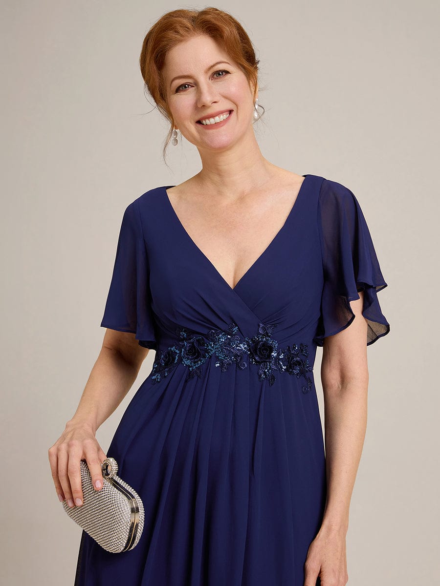 V-Neck Chiffon Wedding Guest Dress with Waist Applique #color_Navy Blue