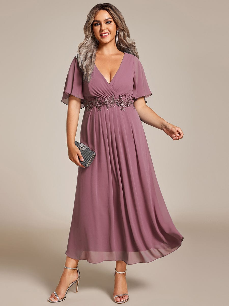 V-Neck Chiffon Wedding Guest Dress with Waist Applique #color_Purple Orchid