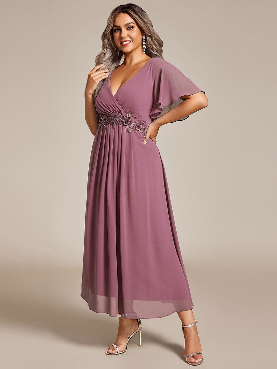 V-Neck Chiffon Wedding Guest Dress with Waist Applique #color_Purple Orchid