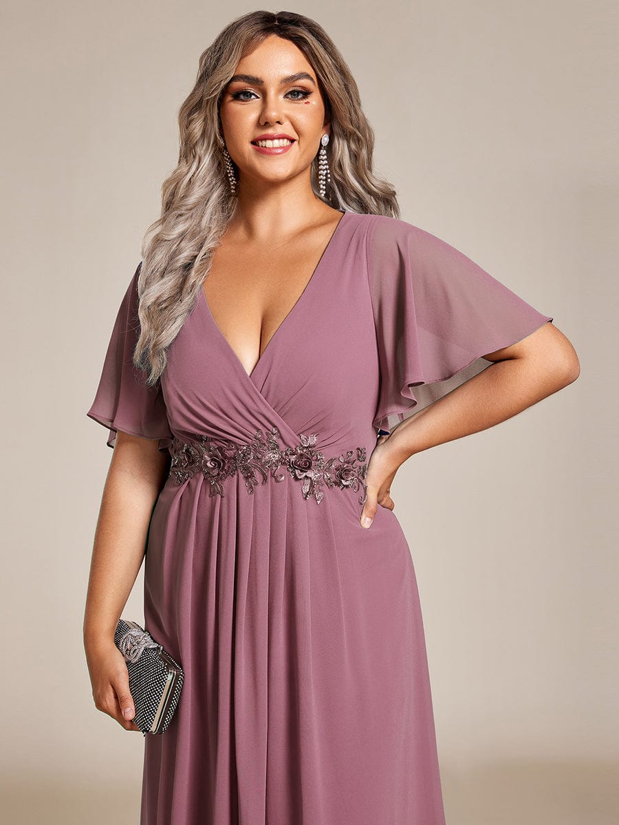 V-Neck Chiffon Wedding Guest Dress with Waist Applique #color_Purple Orchid