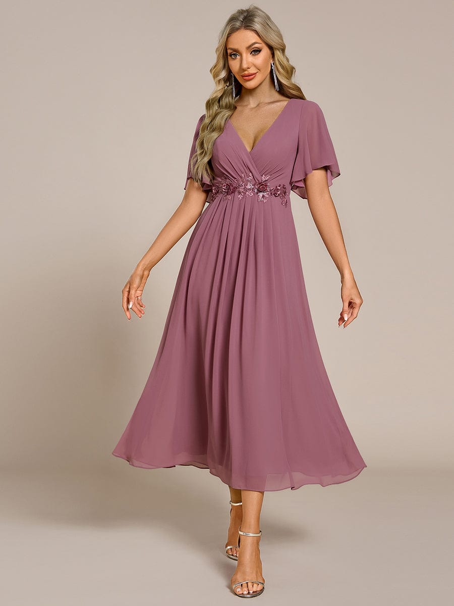 V-Neck Chiffon Wedding Guest Dress with Waist Applique #color_Purple Orchid