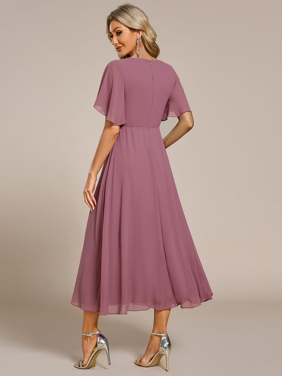 V-Neck Chiffon Wedding Guest Dress with Waist Applique #color_Purple Orchid