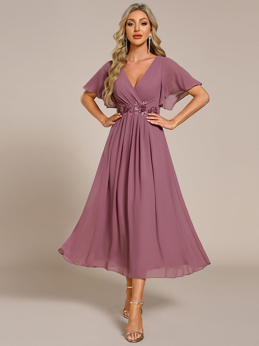 V-Neck Chiffon Wedding Guest Dress with Waist Applique #color_Purple Orchid