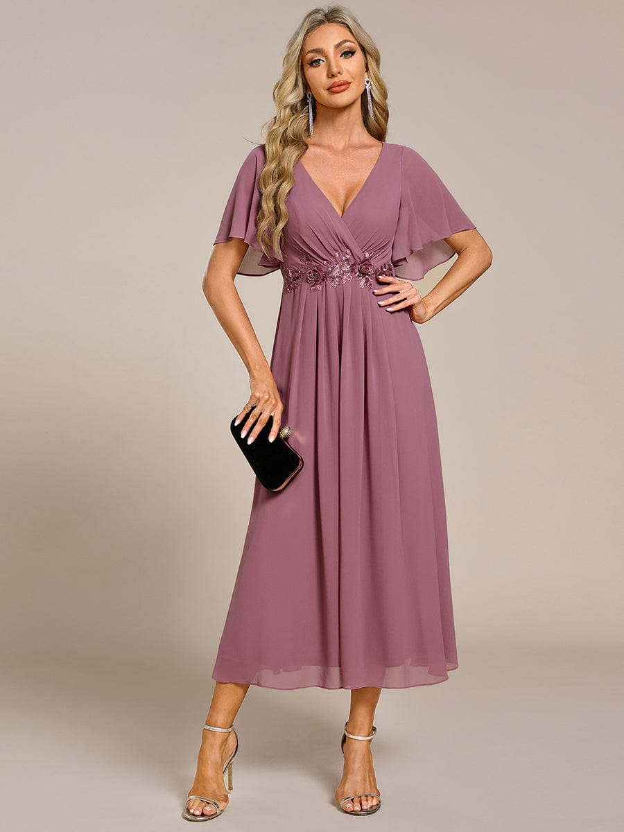 V-Neck Chiffon Wedding Guest Dress with Waist Applique #color_Purple Orchid