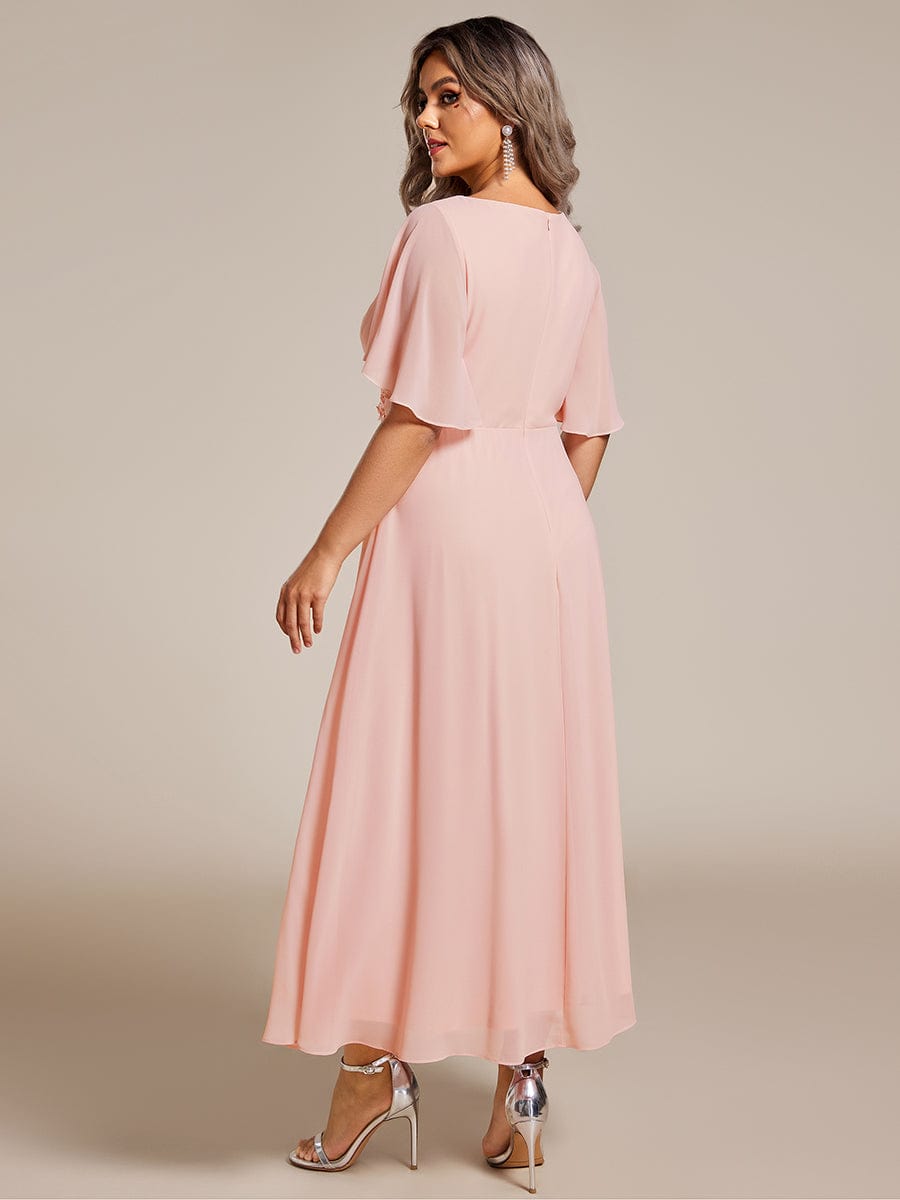 V-Neck Chiffon Midi Dress with Waist Applique In Pink #color_Pink