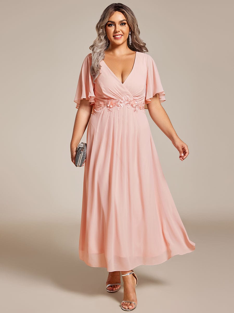 V-Neck Chiffon Midi Dress with Waist Applique In Pink #color_Pink