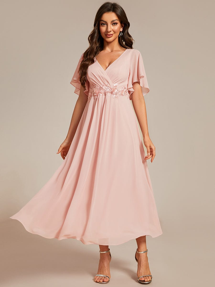 V-Neck Chiffon Wedding Guest Dress with Waist Applique #color_Pink