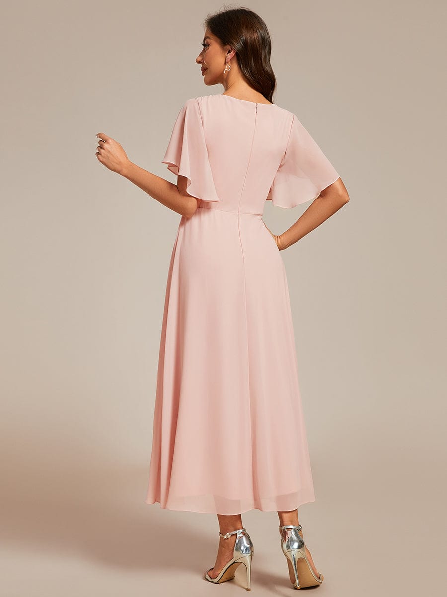 V-Neck Chiffon Midi Dress with Waist Applique In Pink #color_Pink