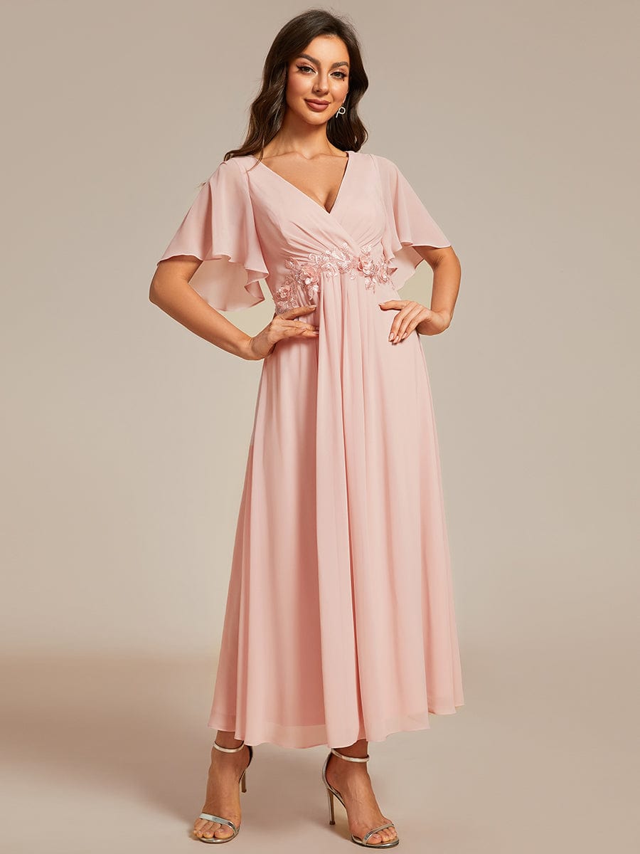 V-Neck Chiffon Midi Dress with Waist Applique In Pink #color_Pink