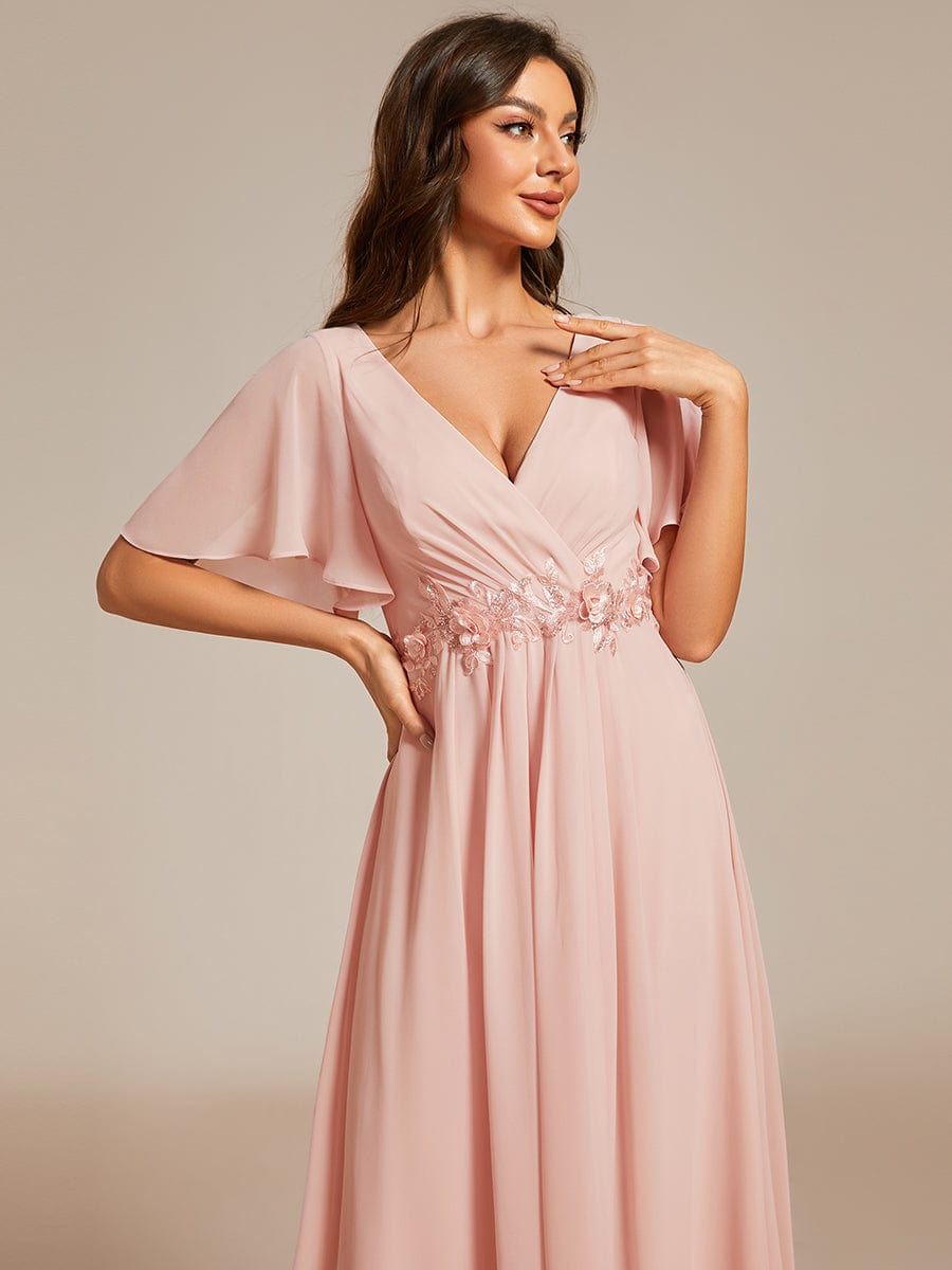 V-Neck Chiffon Wedding Guest Dress with Waist Applique #color_Pink