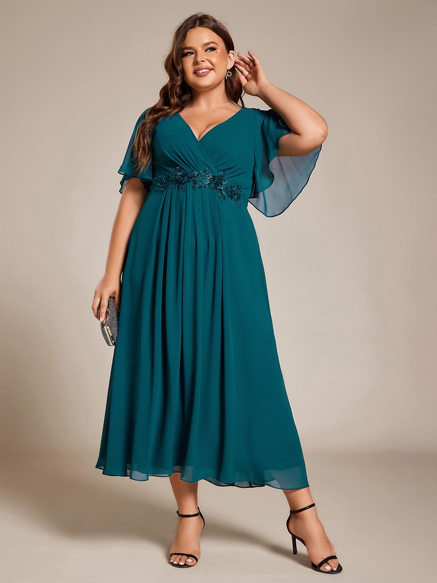 V-Neck Chiffon Wedding Guest Dress with Waist Applique #color_Teal