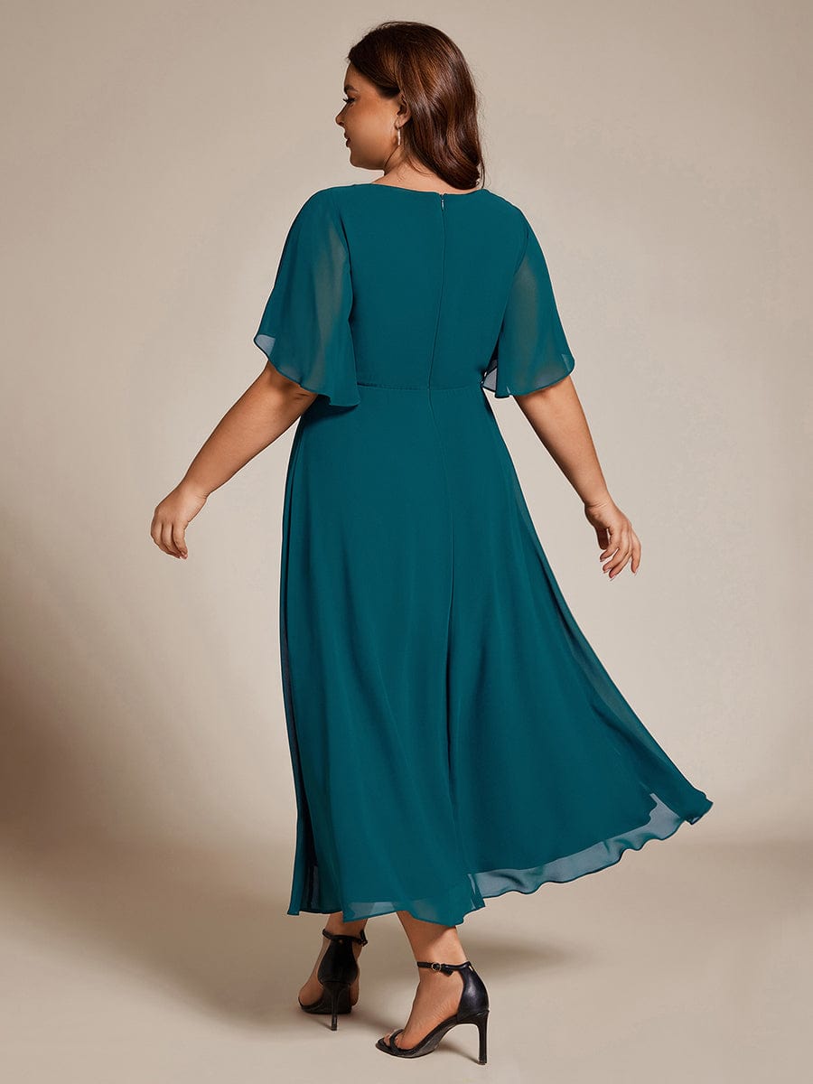 V-Neck Chiffon Wedding Guest Dress with Waist Applique #color_Teal