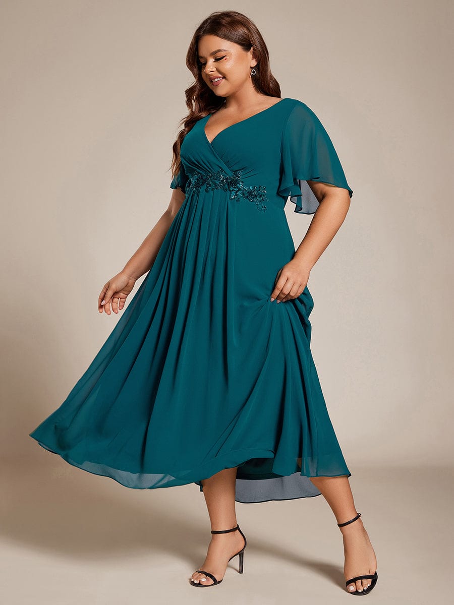 V-Neck Chiffon Wedding Guest Dress with Waist Applique #color_Teal