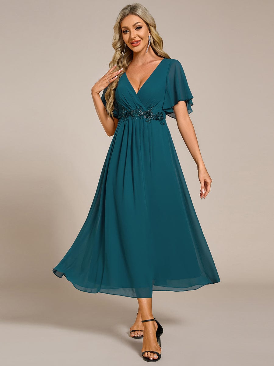 V-Neck Chiffon Wedding Guest Dress with Waist Applique #color_Teal