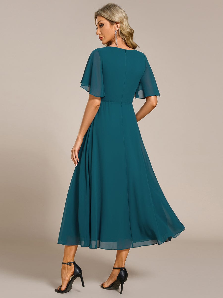 V-Neck Chiffon Wedding Guest Dress with Waist Applique #color_Teal