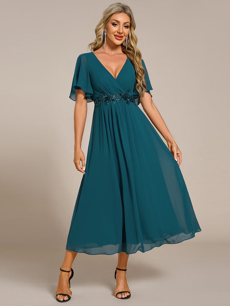 V-Neck Chiffon Wedding Guest Dress with Waist Applique #color_Teal