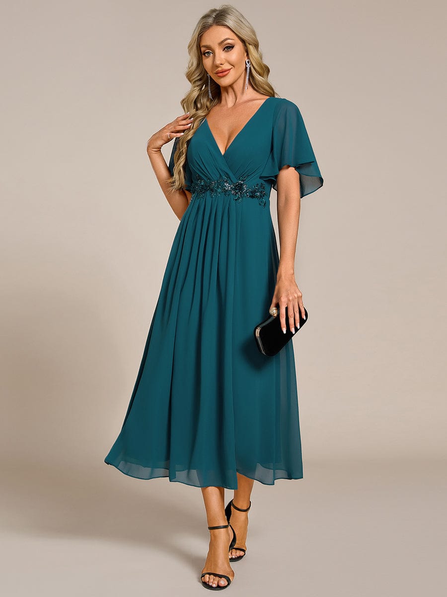 V-Neck Chiffon Wedding Guest Dress with Waist Applique #color_Teal