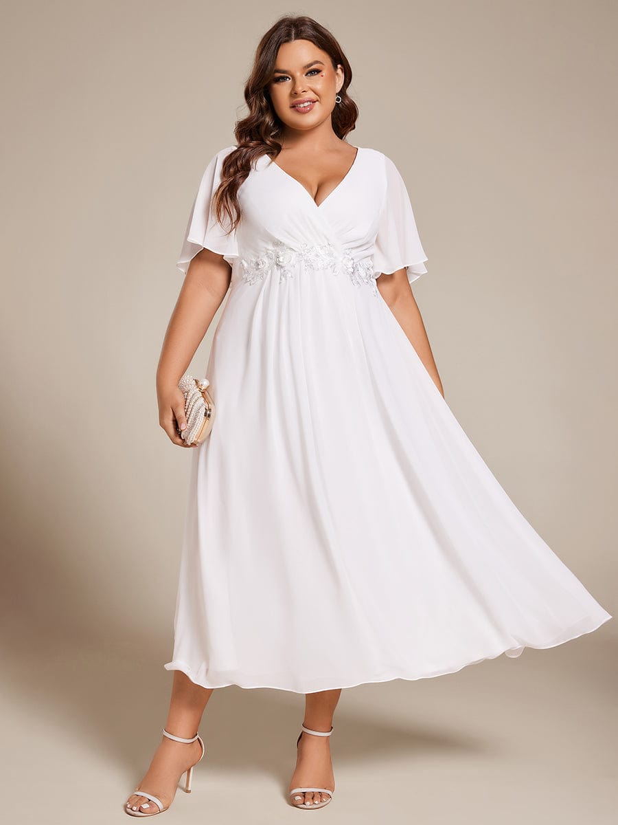 Plus Size V-Neck Chiffon Wedding Guest Dress with Waist Applique #color_White