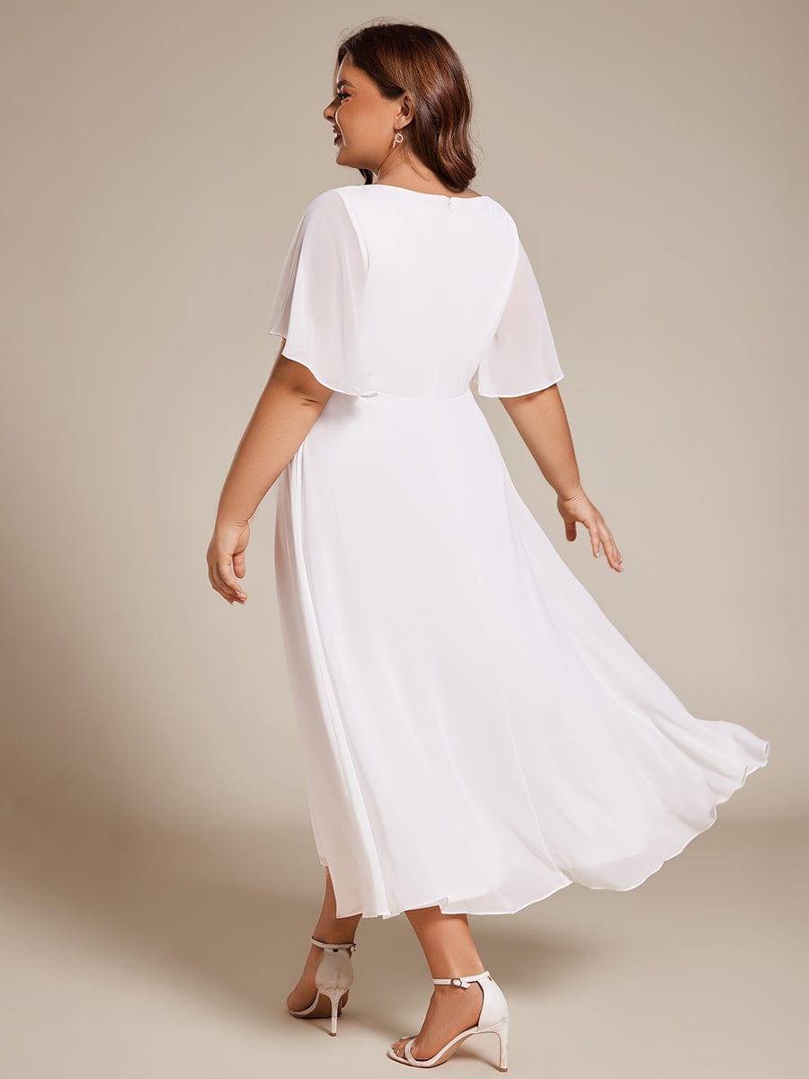 Plus Size V-Neck Chiffon Wedding Guest Dress with Waist Applique #color_White