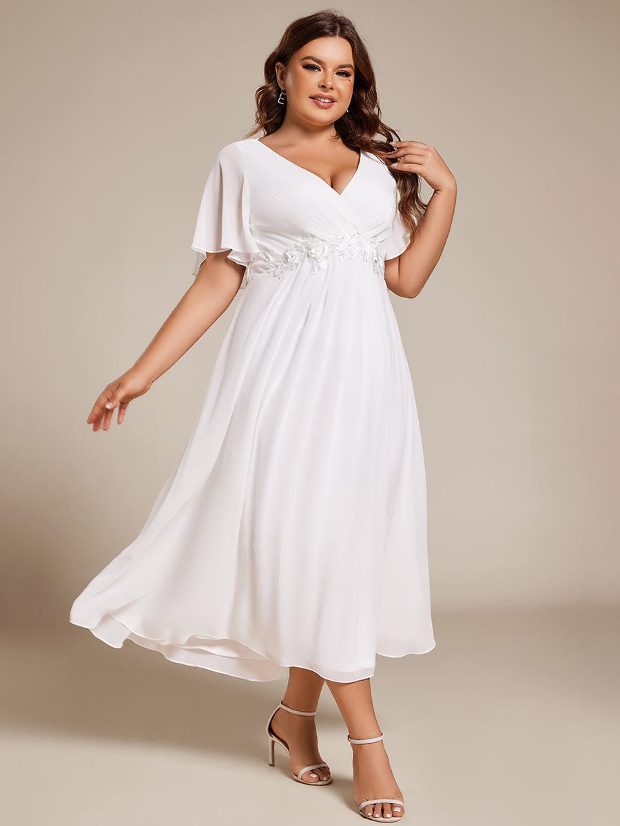 Plus Size V-Neck Chiffon Wedding Guest Dress with Waist Applique #color_White