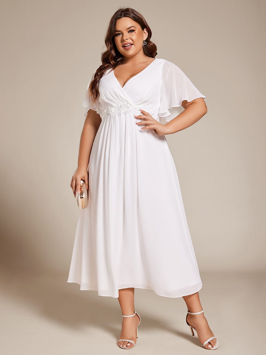 Plus Size V-Neck Chiffon Wedding Guest Dress with Waist Applique #color_White