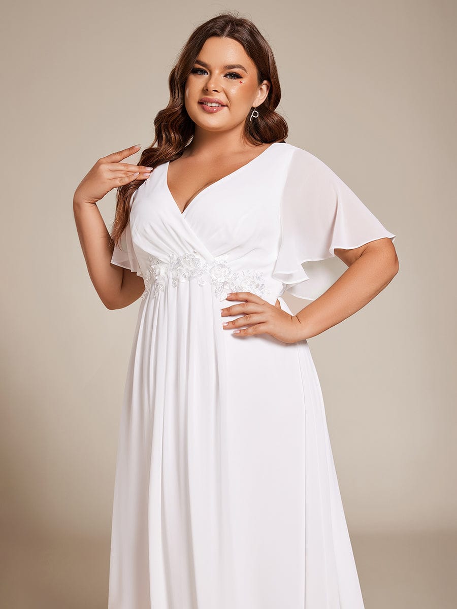 Plus Size V-Neck Chiffon Wedding Guest Dress with Waist Applique #color_White