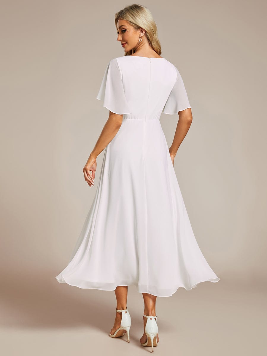 V-Neck Chiffon Wedding Guest Dress with Waist Applique #color_White