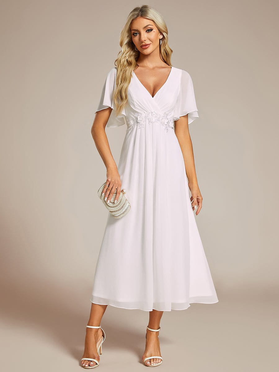 V-Neck Chiffon Wedding Guest Dress with Waist Applique #color_White