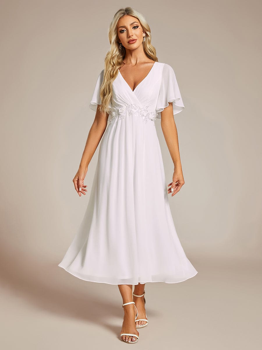 V-Neck Chiffon Wedding Dress with Waist Applique #color_White