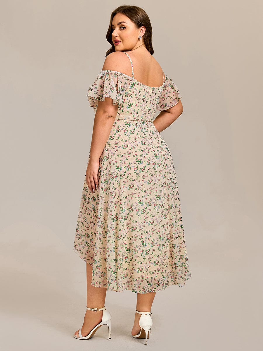 One-Shoulder High-Low Chiffon Wedding Guest Dresses with Short Sleeves #color_Apricot Print