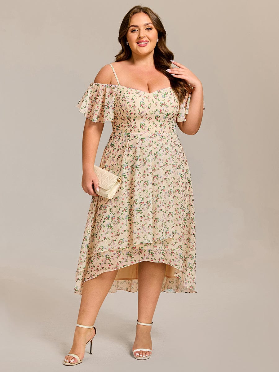 One-Shoulder High-Low Chiffon Wedding Guest Dresses with Short Sleeves #color_Apricot Print