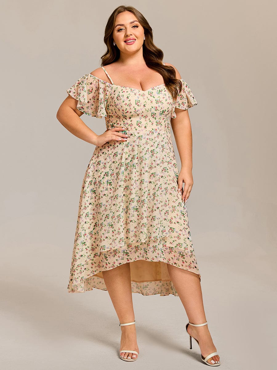 One-Shoulder High-Low Chiffon Wedding Guest Dresses with Short Sleeves #color_Apricot Print