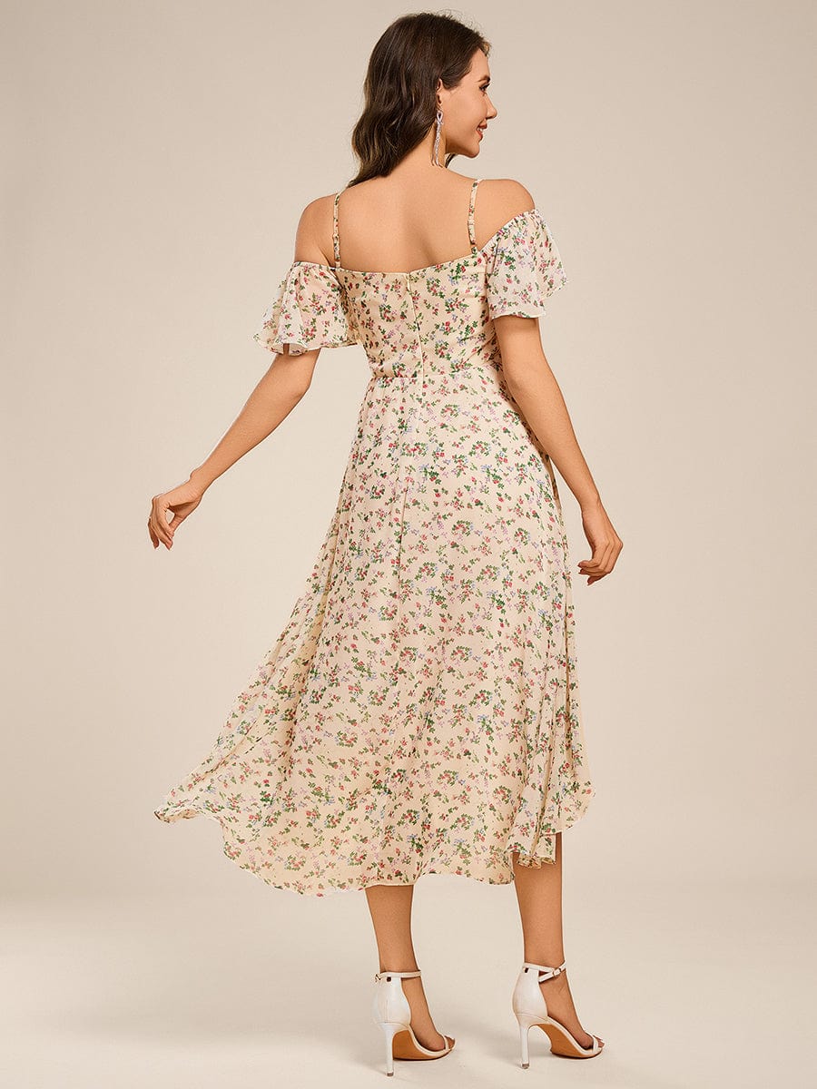 One-Shoulder High-Low Chiffon Wedding Guest Dresses with Short Sleeves #color_Apricot Print