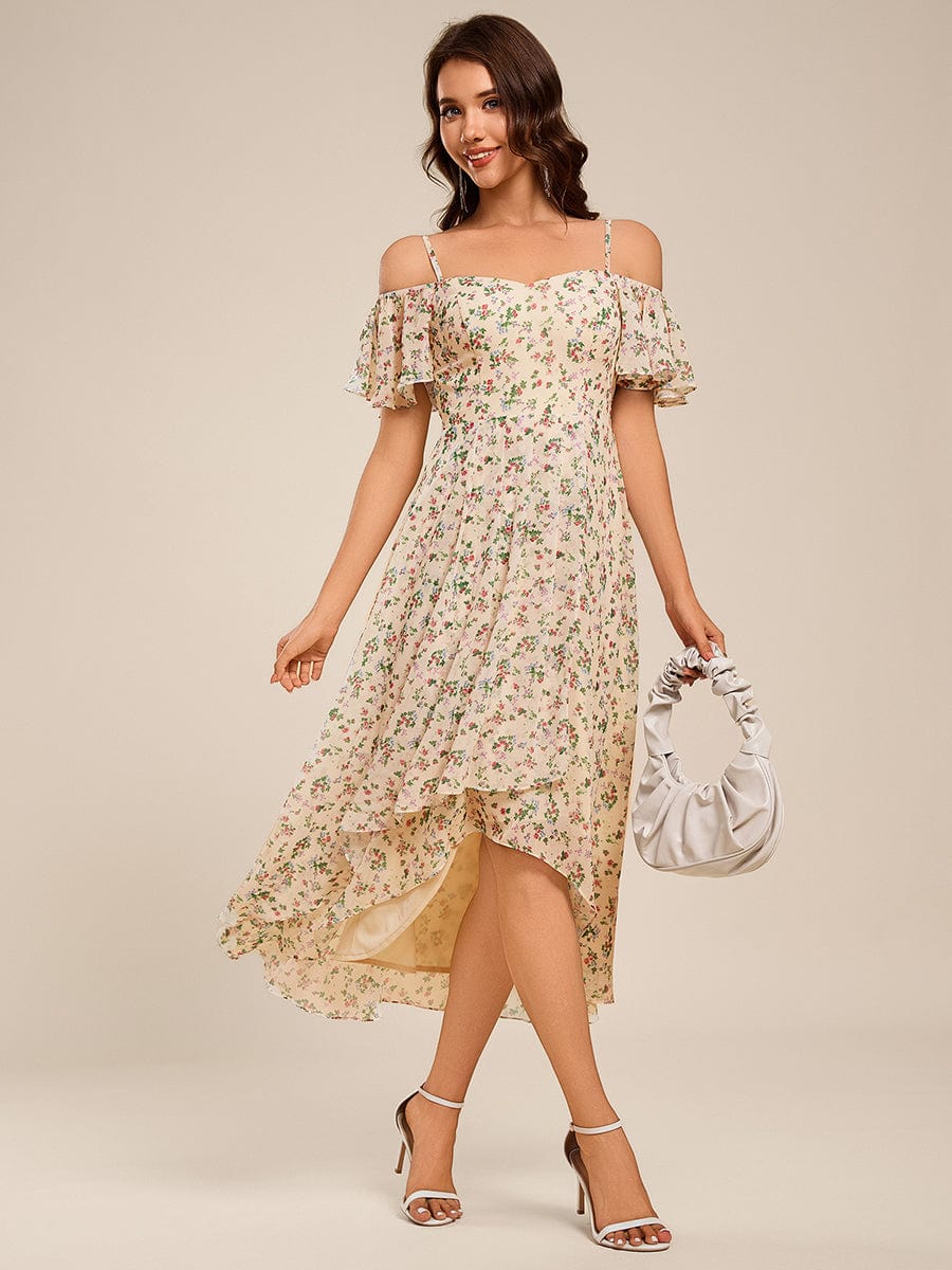 One-Shoulder High-Low Chiffon Wedding Guest Dresses with Short Sleeves #color_Apricot Print