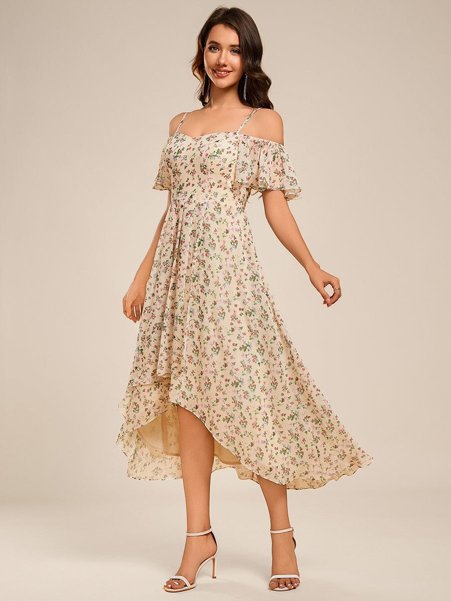 One-Shoulder High-Low Chiffon Wedding Guest Dresses with Short Sleeves #color_Apricot Print