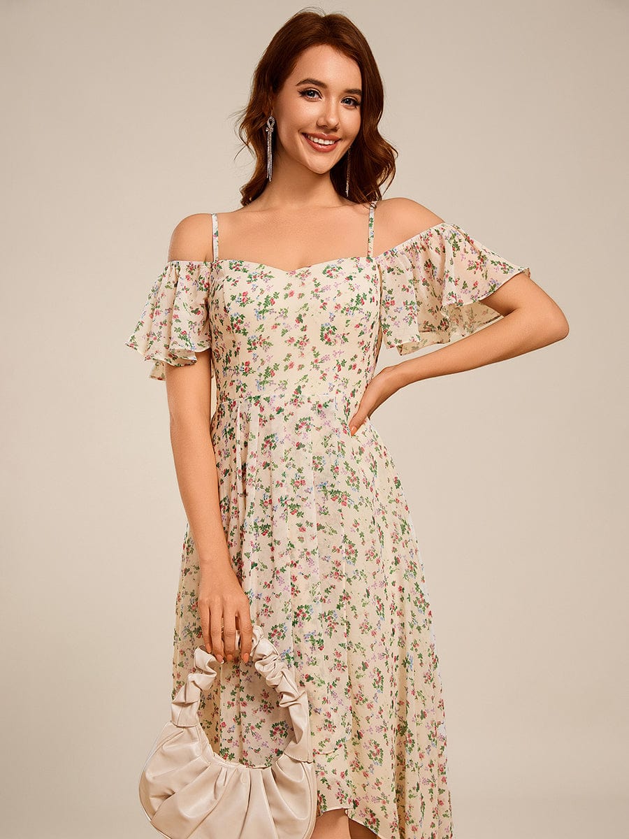 One-Shoulder High-Low Chiffon Wedding Guest Dresses with Short Sleeves #color_Apricot Print