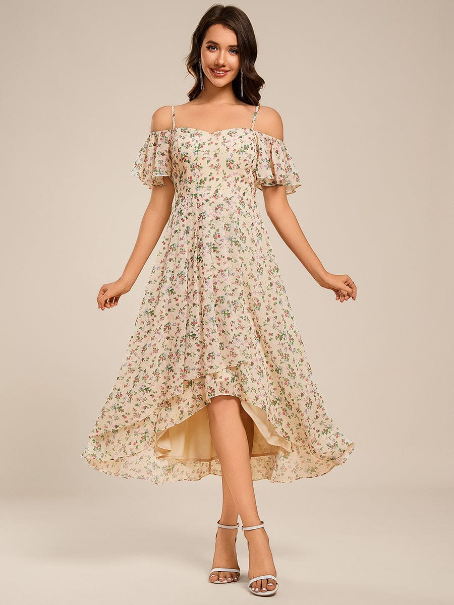 One-Shoulder High-Low Chiffon Wedding Guest Dresses with Short Sleeves #color_Apricot Print