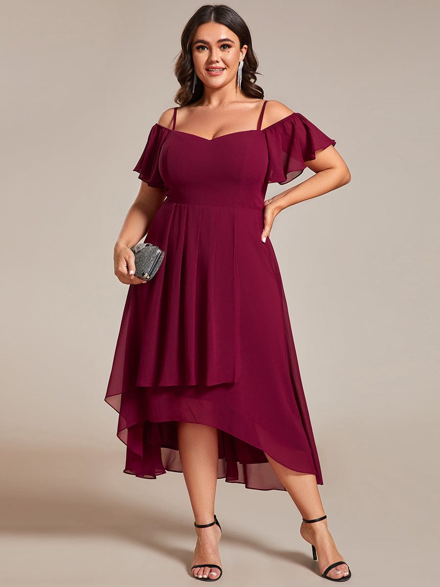 Plus Size One-Shoulder High-Low Chiffon Wedding Guest Dresses with Short Sleeves #color_Burgundy