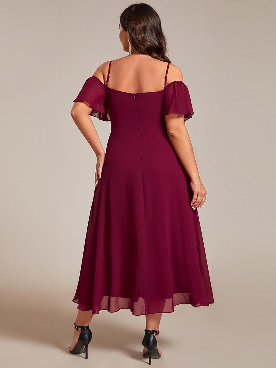 One-Shoulder High-Low Chiffon Wedding Guest Dresses with Short Sleeves #color_Burgundy