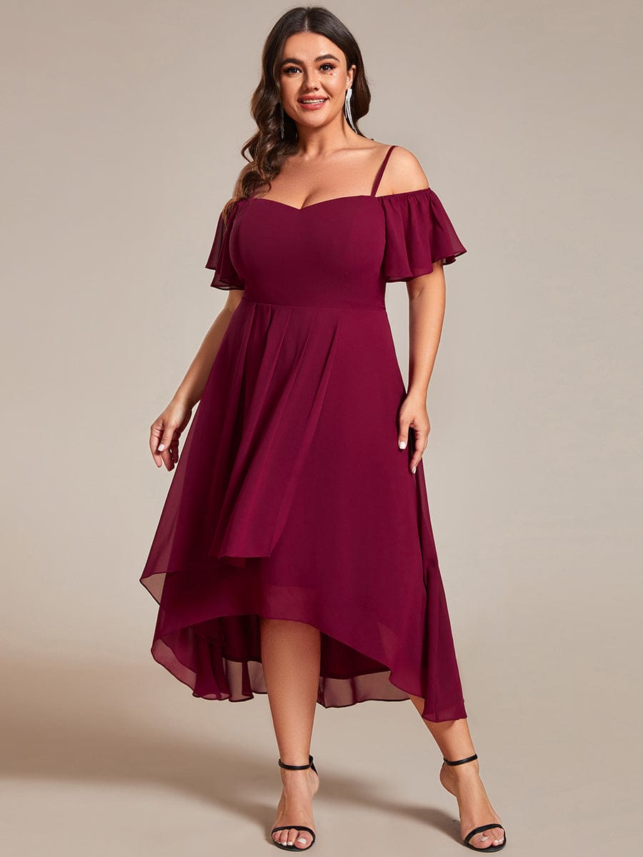 Plus Size One-Shoulder High-Low Chiffon Wedding Guest Dresses with Short Sleeves #color_Burgundy