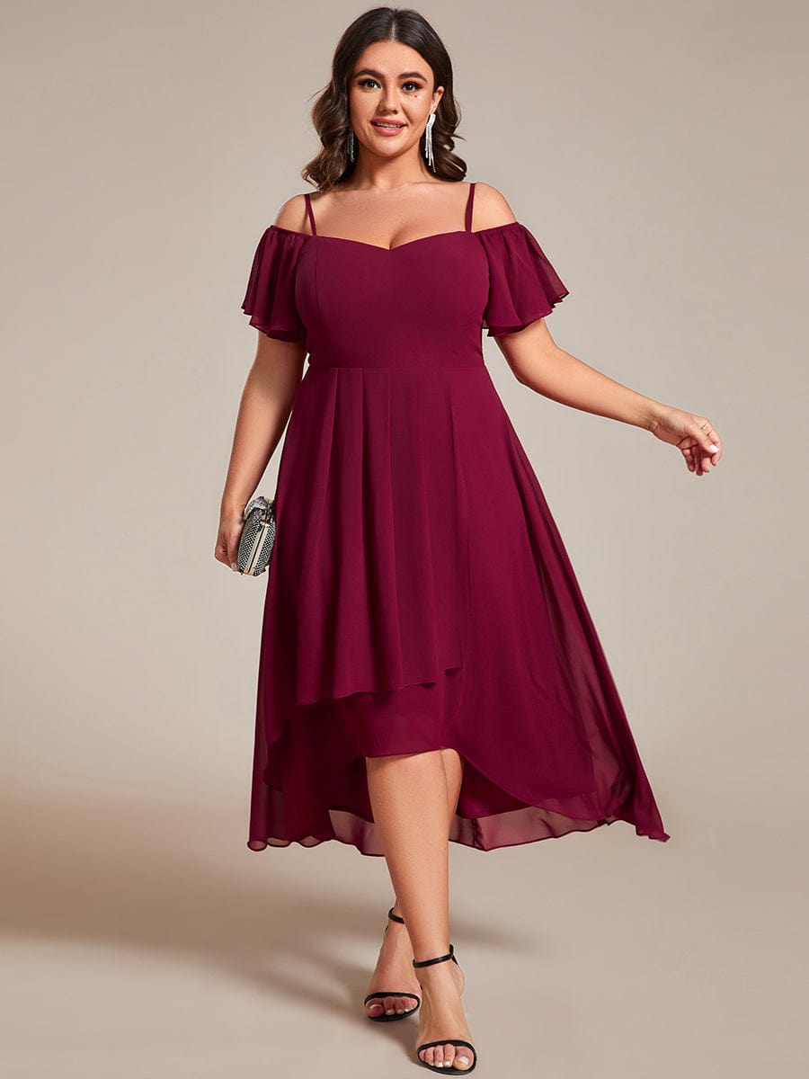 One-Shoulder High-Low Chiffon Wedding Guest Dresses with Short Sleeves #color_Burgundy