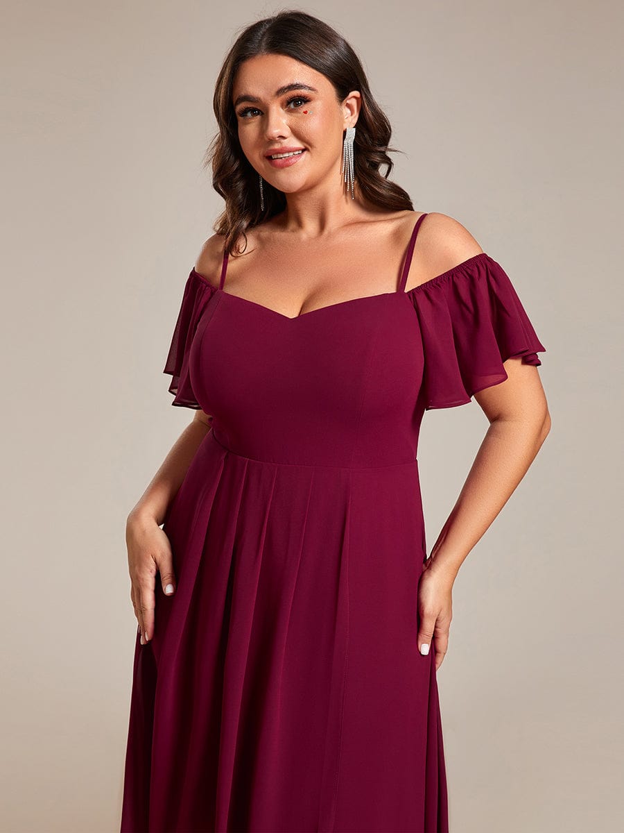 One-Shoulder High-Low Chiffon Wedding Guest Dresses with Short Sleeves #color_Burgundy