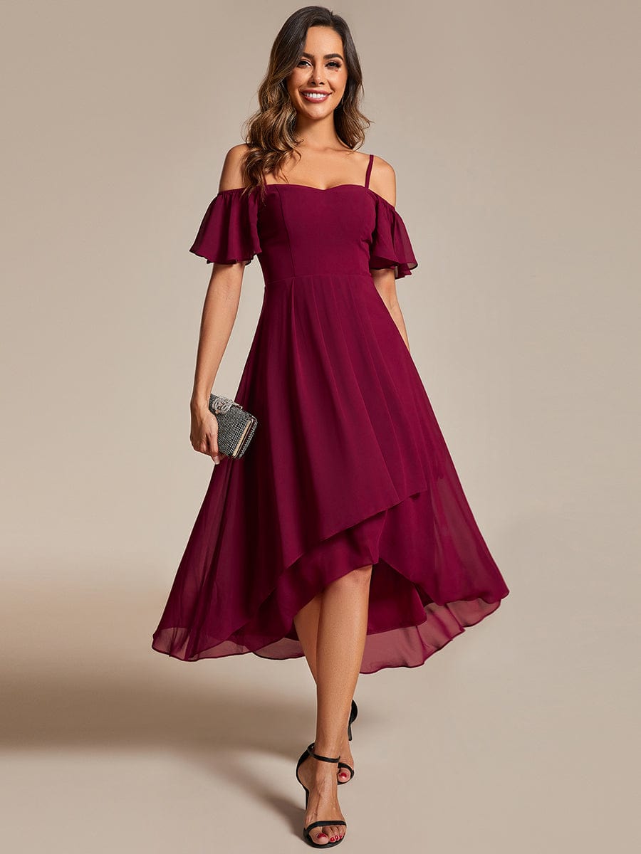 One-Shoulder High-Low Chiffon Wedding Guest Dresses with Short Sleeves #color_Burgundy