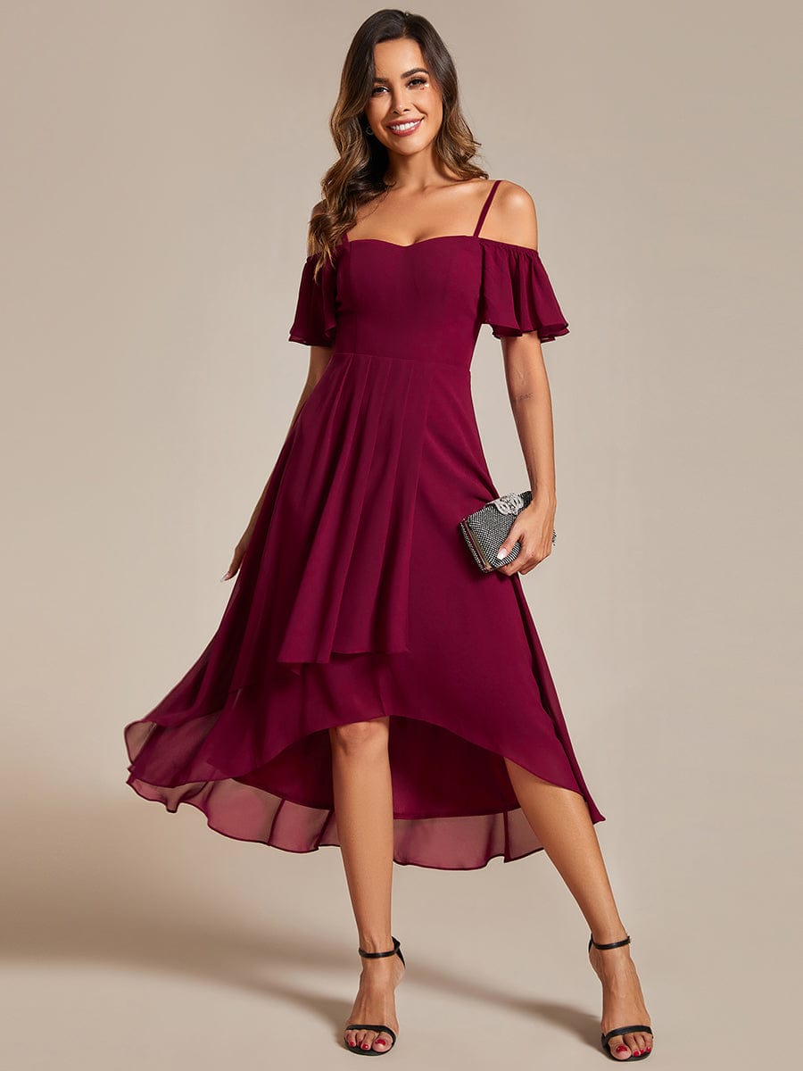 One-Shoulder High-Low Chiffon Wedding Guest Dresses with Short Sleeves #color_Burgundy