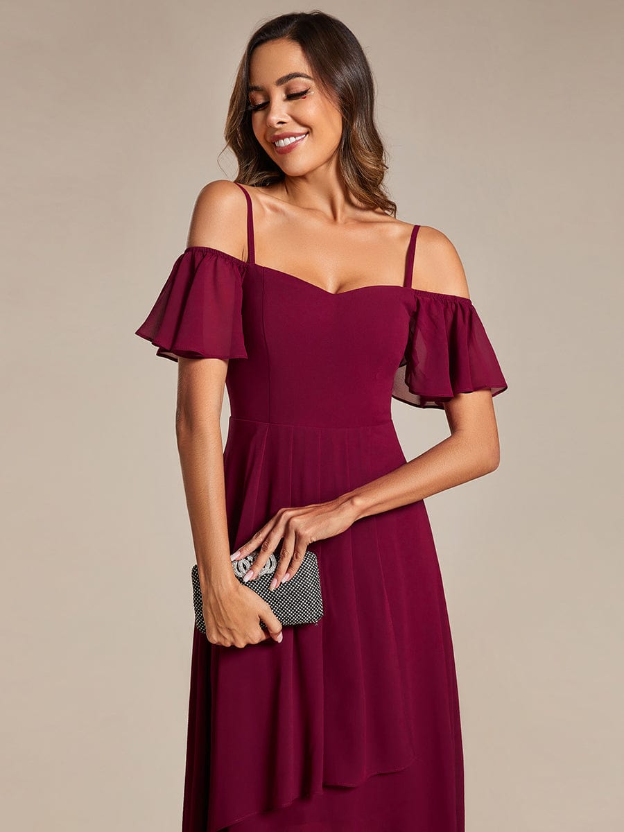 One-Shoulder High-Low Chiffon Wedding Guest Dresses with Short Sleeves #color_Burgundy