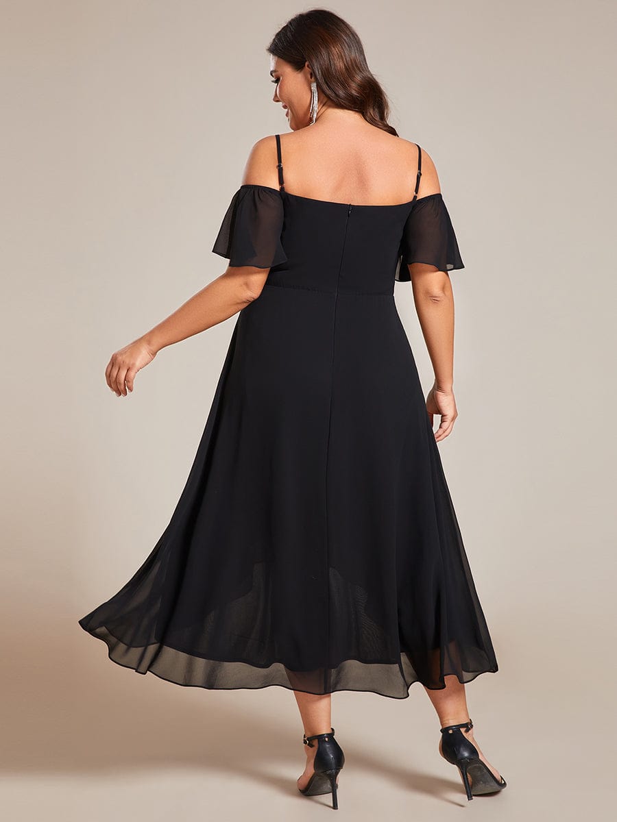 One-Shoulder High-Low Chiffon Wedding Guest Dresses with Short Sleeves #color_Black