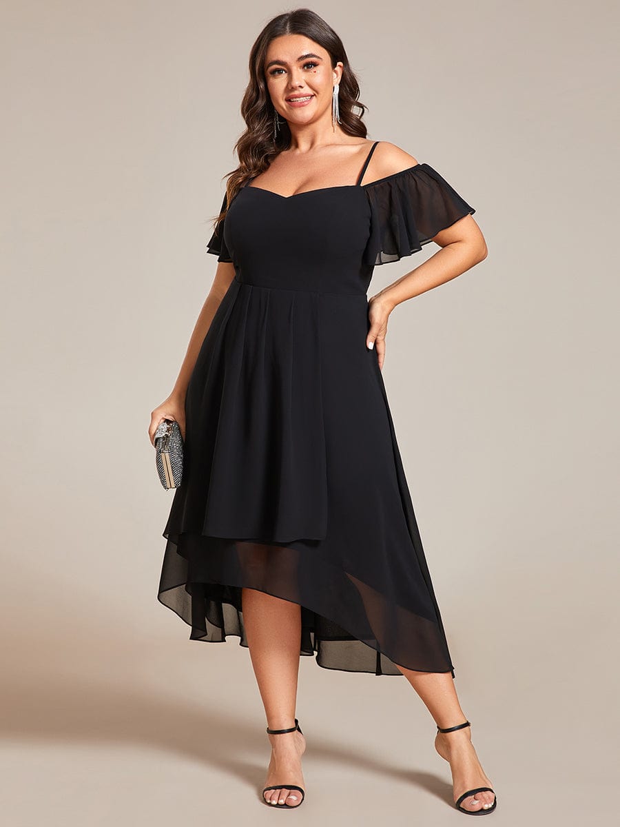 Plus Size One-Shoulder High-Low Chiffon Wedding Guest Dresses with Short Sleeves #color_Black