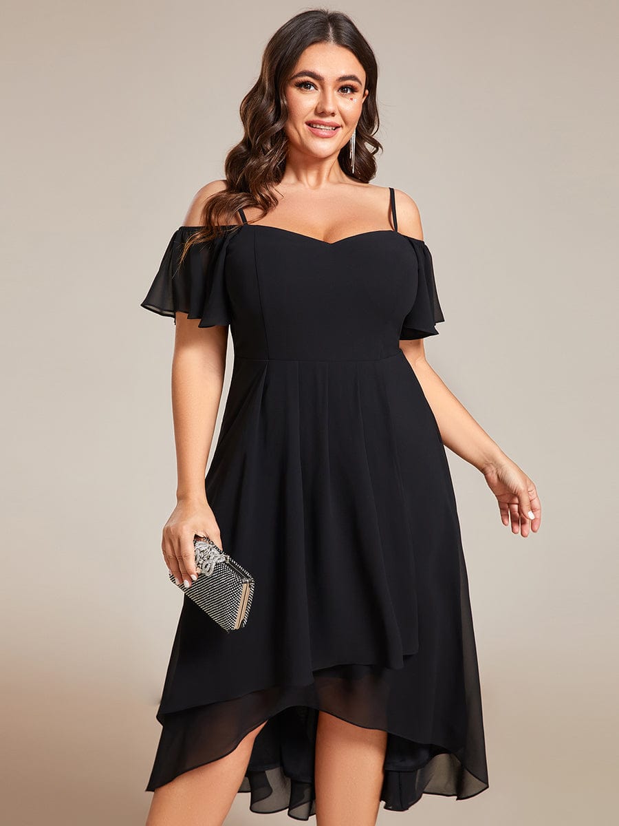 One-Shoulder High-Low Chiffon Wedding Guest Dresses with Short Sleeves #color_Black