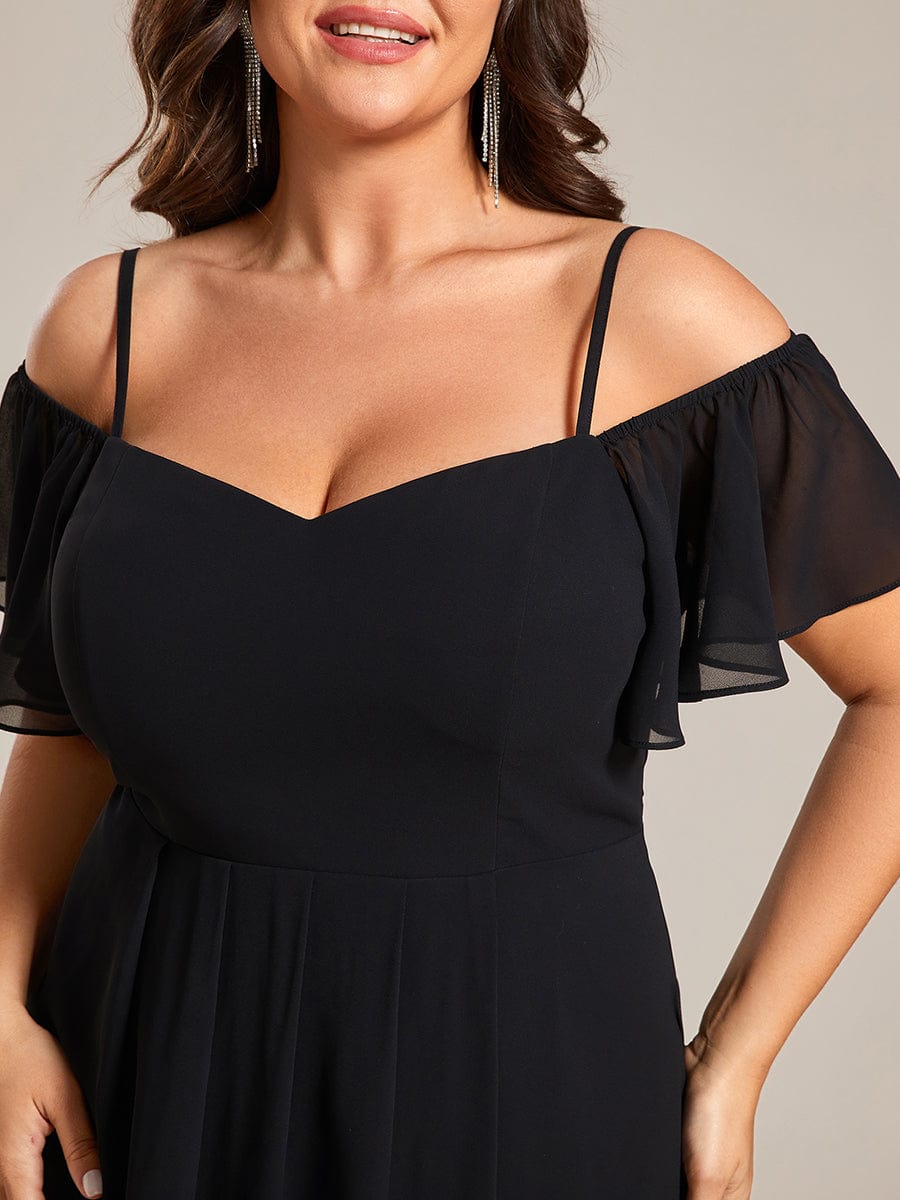 Plus Size One-Shoulder High-Low Chiffon Wedding Guest Dresses with Short Sleeves #color_Black